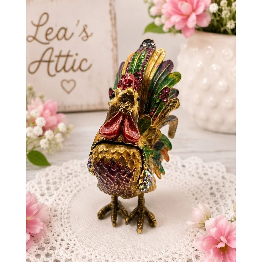 Sevenbees Vintage Style Jeweled Rooster Trinket Box Colorful Enamel Rhinestone